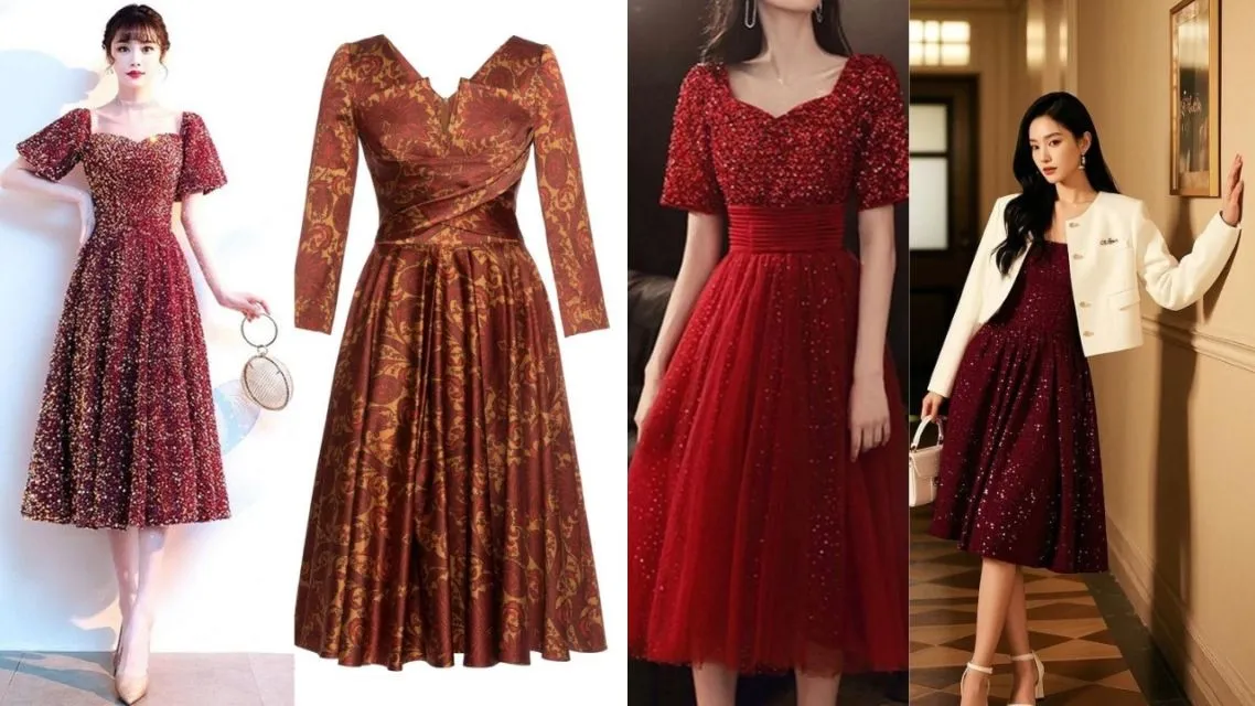 Dress Wine dengan Detail Gold Accent
